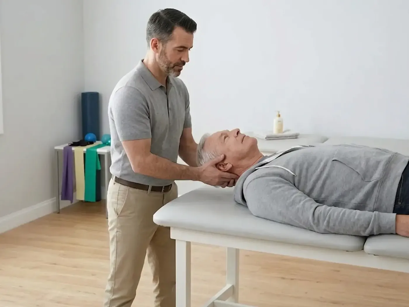 Therapist guiding a patient through a controlled movement on the treatment table