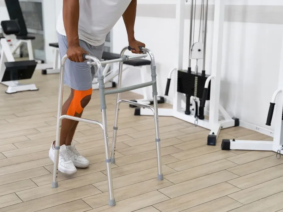 Patient practising walking with support in a rehab gym