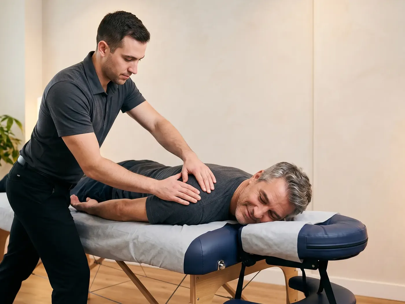 Therapist using hands-on treatment on a patient's neck to calm pain
