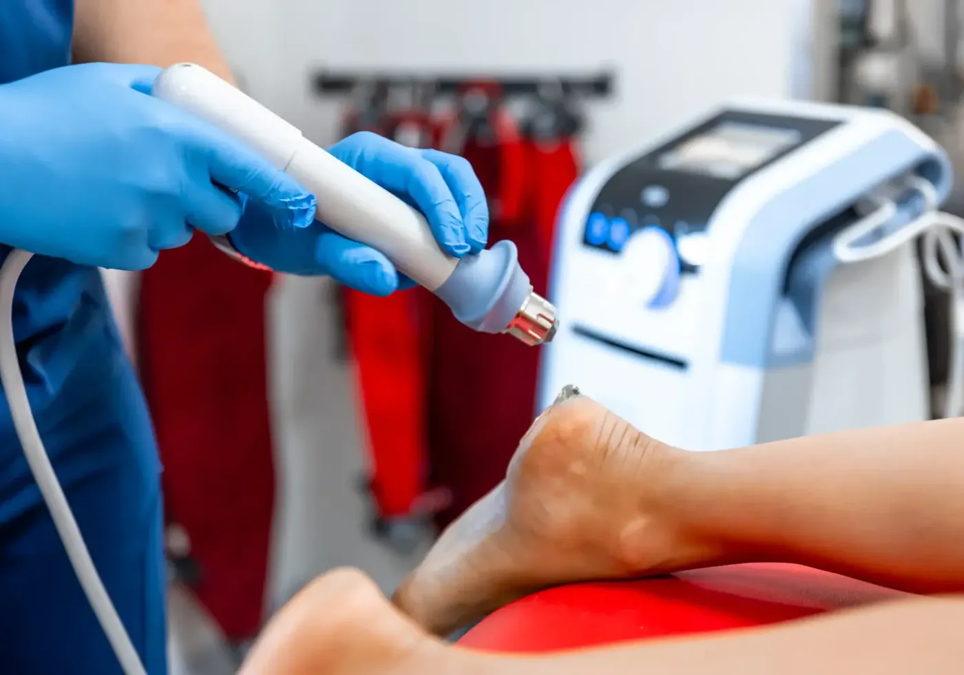 Laser therapy being applied to a patient's ankle