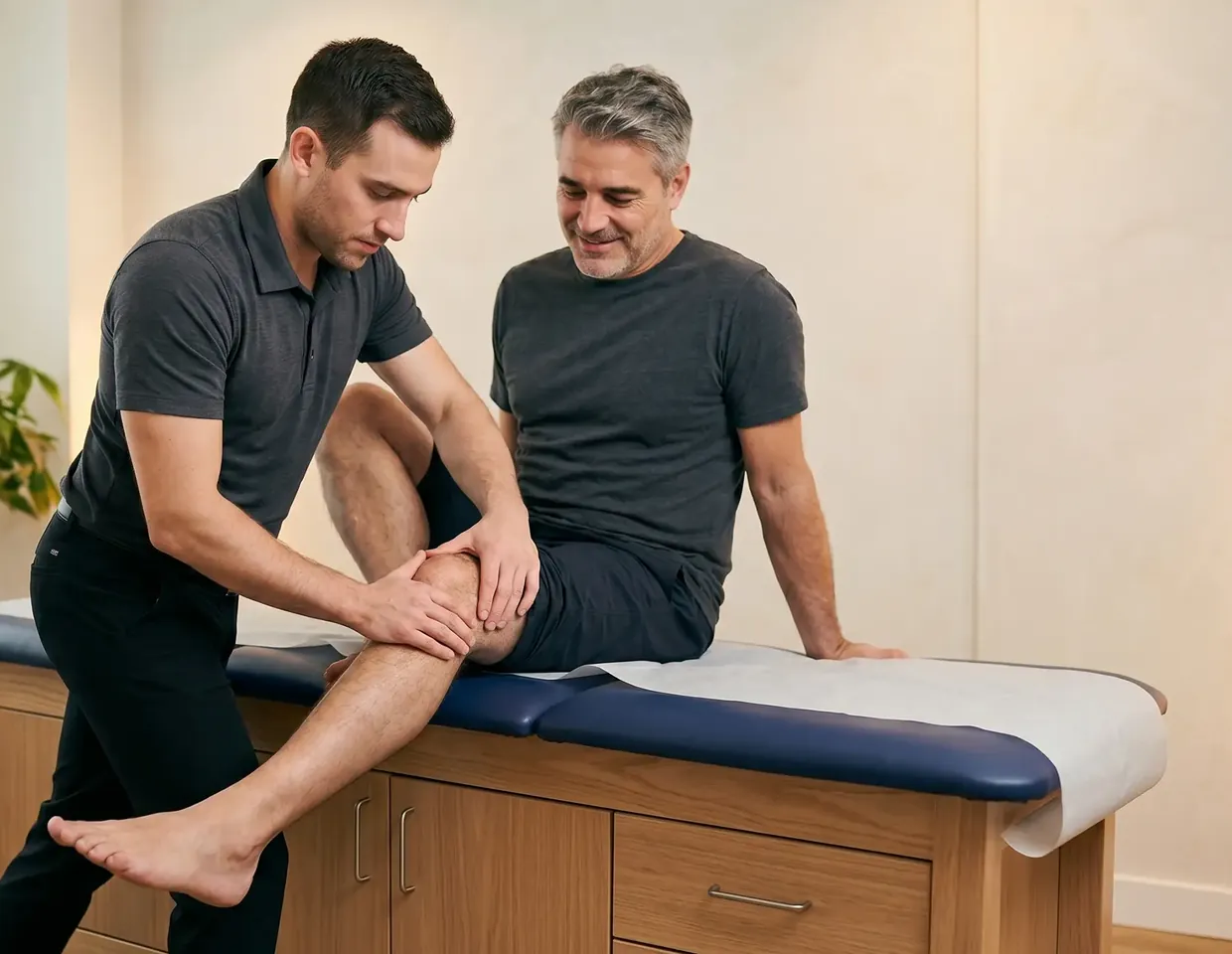Therapist assessing a patient's knee on the treatment table